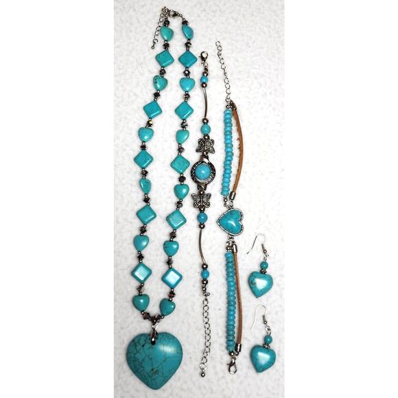 Faux Turquoise Necklace Bracelet Earrings 4 Pc Lot Hearts Butterfly Boho Western - Picture 3 of 5